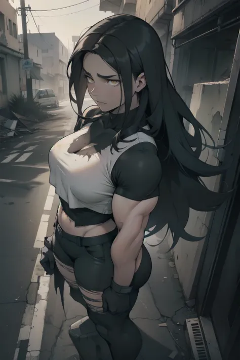 long flowing hair muscular girl she's sad the streets are empty dark and destroyed the atmosphere is heavy she's busty and very ...