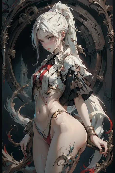  ((best quality)), ((masterpiece)), (detailed), 1girl, NSFW, small breasts, prominent collarbones, skinny arms, flat stomach, visible hip bones, long hair, ponytail, thick ponytail, heavy ponytail, red and white clothing, Bloodborne inspired, occult aesthe...