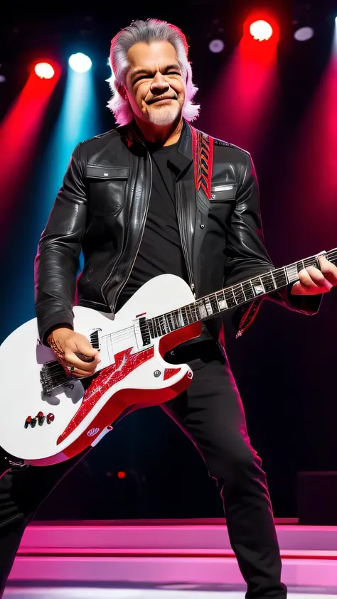 eddie Van halen, ON STAGE PLAYING ELETRIC GUITAR, STAND FULL BODY,  red JACKET,WHiTE PENTS, 8k, realista na fisionomia,cabelo tamanha medio na altura do ombro