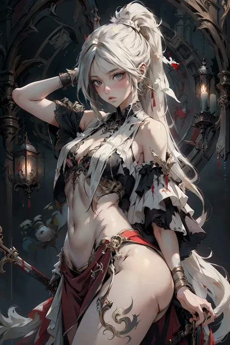  ((best quality)), ((masterpiece)), (detailed), 1girl, NSFW, small breasts, prominent collarbones, skinny arms, flat stomach, visible hip bones, long hair, ponytail, thick ponytail, heavy ponytail, red and white clothing, Bloodborne inspired, occult aesthe...