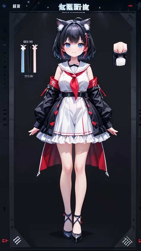 ((upright)), ((Arms at your sides)), Looking at the audience, Simple Background、White Background, 1 girl, Open your mouth, smile, Virtual YouTuber、With a girl、((Highest quality, expensive_solve, clear_image)),(Black Hair), (Black cat ears), (Ahoge), (Ridic...