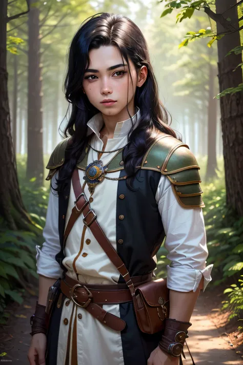 ((best quality)), ((masterpiece)), (detailed), Prize-winning works, with incredible details, maximum textures and details, mantea ,1 Um homem adolescente guerreiro aventureiro ranger medieval mantea medieval verde claro, mantea verde, long black hair ,full...