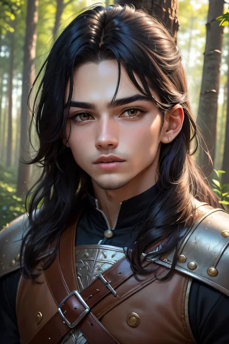 ((best quality)), ((masterpiece)), (detailed), Prize-winning works, with incredible details, maximum textures and details, mantea ,1 Um homem adolescente guerreiro aventureiro ranger medieval mantea medieval verde claro, mantea verde, long black hair ,full...