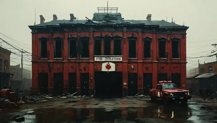 Make an abandoned fire station in an apocalyptic world, surrounded by sinister zombies trying to invade.