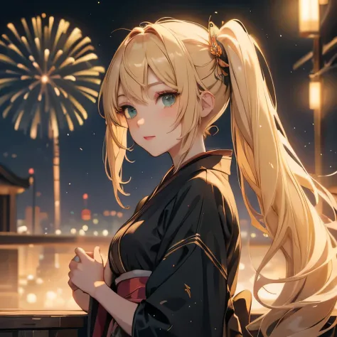 layla , kimono night in firework , blonde hair, pigtailed haired , long hair , green eyes