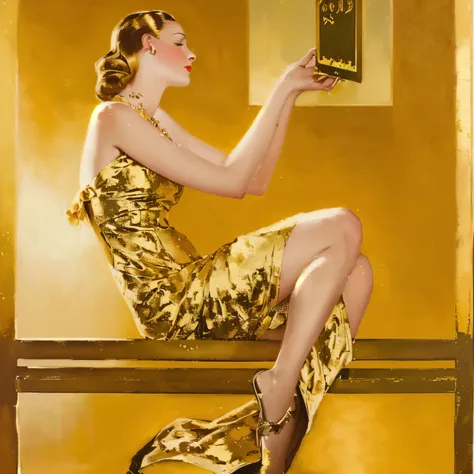 painting of a woman in a gold dress sitting on a bench, inspired by Coles Phillips, enoch bolles, part leyendecker style, inspired by joseph christian leyendecker, inspired by J. C. Leyendecker, inspired by J.C. Leyendecker, leyendecker style, hints of col...