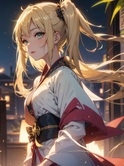 layla , kimono night in firework , blonde hair, pigtailed haired , long hair , green eyes