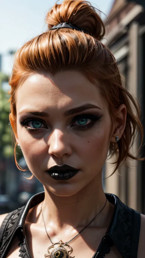 (masterpiece, photorealistic:1.4, extremely intricate:1.3), (photon mapping, radiosity, physically based rendering, ultra resolution, hyper-realistic, 8K), BREAK (detailed 30 year old android woman, (((blackout gothic eye makeup, portrait) short ginger hai...