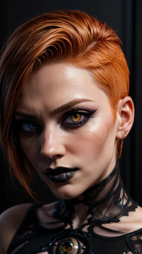 (masterpiece, photorealistic:1.4, extremely intricate:1.3), (photon mapping, radiosity, physically based rendering, ultra resolution, hyper-realistic, 8K),  (detailed 30 year old android woman, (((blackout gothic eye makeup, portrait) , short ginger hair, ...