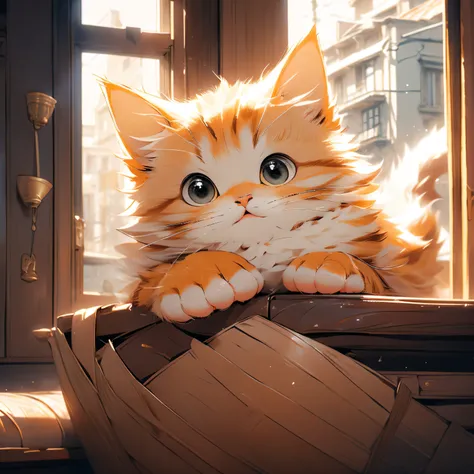 a cute fluffy orange tabby cat, detailed fur texture, detailed facial features, whiskers, beautiful eyes, adorable expression, sitting on a windowsill, natural lighting, photorealistic, 8k, high quality, detailed, intricate, masterpiece