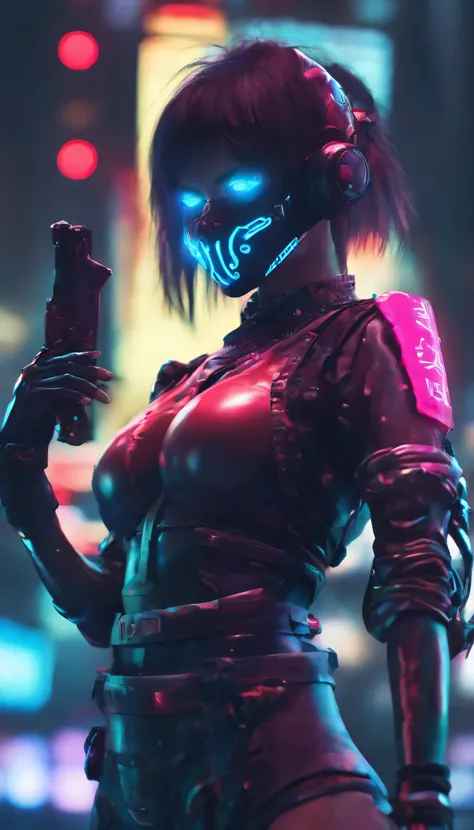 Sateen，the night，ember，Smile mask，coat large，Fighting posture，holding gun. Hyperrealistic version of a woman kneeling down with a sword in her hand, very beautiful cyberpunk samurai, anime cyberpunk art, cyberpunk samurai, cyberpunk anime art, anime cyberp...