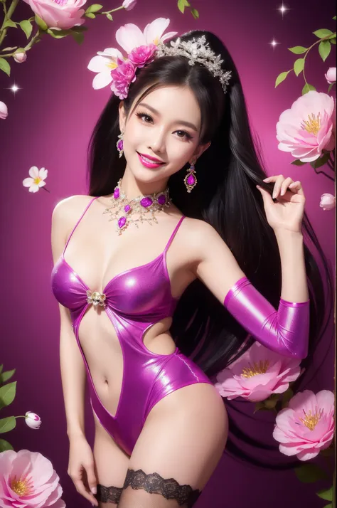 sexy Thai model who controls poison、beautiful smile、lipgloss、bold lipstick、intense makeup、look at the camera、full body Esbian、、sparkling poisoned flower costume、、、、sparkling Colorful hair、secrete poison、skull hair accessories、sexy tights、shiny sparkling fl...