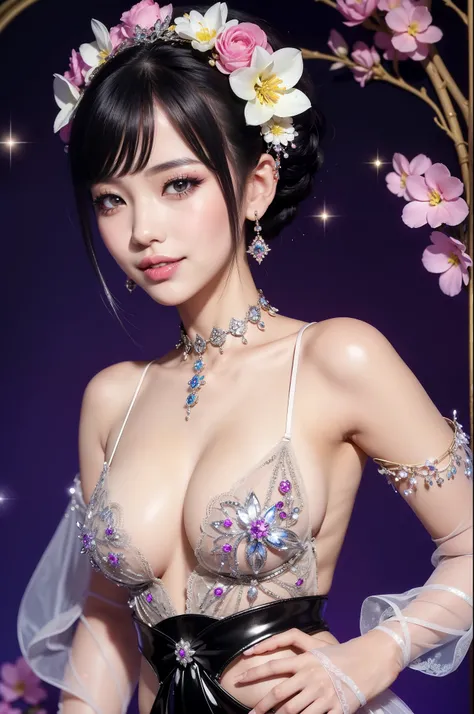 sexy Thai model who controls poison、smiling face、lipgloss、long lashes、gothic makeup、look at the camera、full body Esbian、、sparkling poisoned flower costume、、、、sparkling Colorful short hair、secrete poison、skull hair accessories、ultra detailed tights、shiny sp...