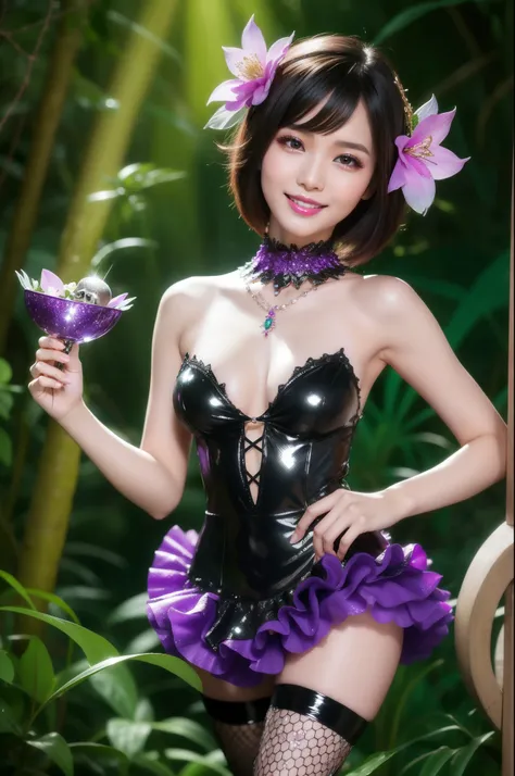 sexy Thai model who controls poison、beautiful smile、lipgloss、dramatic makeup、look at the camera、full body Esbian、、sparkling poisoned enchanted flower costume、、、、shiny sparkling colorful short hair、secrete poison、skull hair accessories、fishnet tights、shiny ...