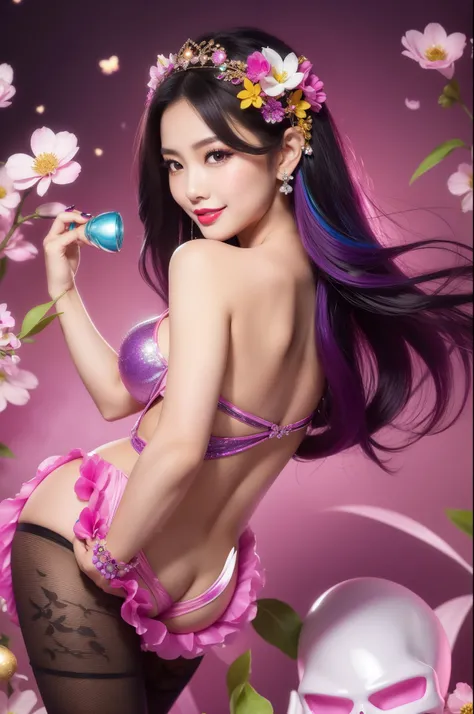 sexy Thai model who controls poison、beautiful smile、lipgloss、bold lipstick、intense makeup、look at the camera、full body Esbian、、sparkling poisoned flower costume、、、、sparkling Colorful hair、secrete poison、skull hair accessories、sexy tights、shiny sparkling fl...