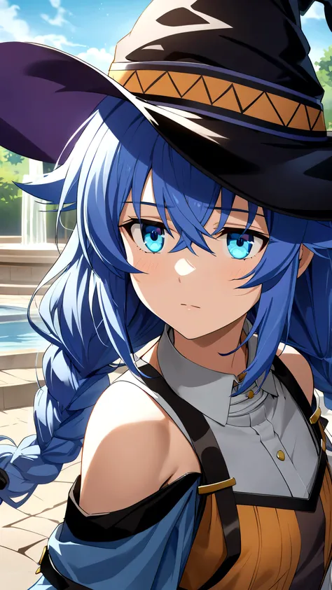 roxy migurdia, highest quallity, Amazing CG, ultra HD, Carefully crafted down to the last detail, A girl, bangss, black hat, witch&#39;s hat, blue colored eyes, hair blue, braid, Brown cover, floating hair, hair between the eyes, beautifully detailed eyes,...