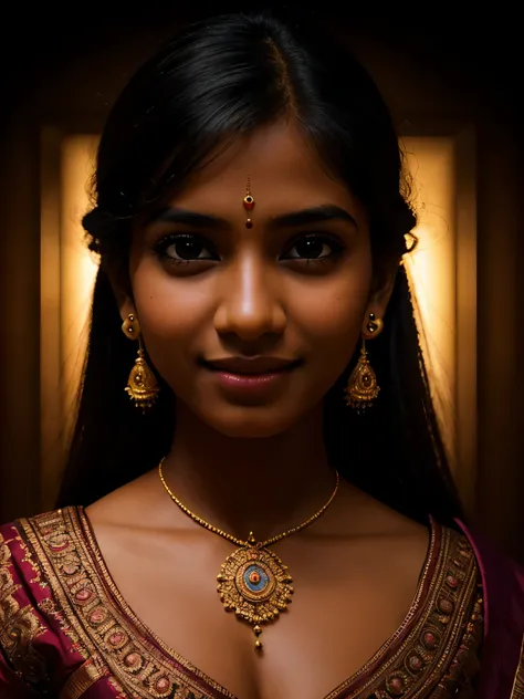 Full body portrait, Tamil girl, smile:0.6, high detailed face, high detailed skin texture, inside dark room, only a bulb hanging over her head, 256K, HDR, high resolution, photo-realistic, cinematic lighting, depth of field, cool vibrant colors, midnight s...