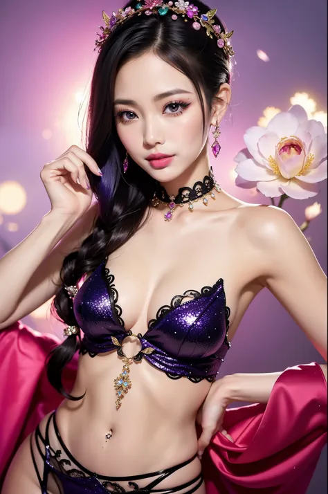 sexy Thai model who controls poison、beautiful smile、lipgloss、bold lipstick、intense makeup、look at the camera、full body Esbian、、sparkling poisoned flower costume、、、、sparkling Colorful hair、secrete poison、skull hair accessories、sexy tights、shiny sparkling fl...