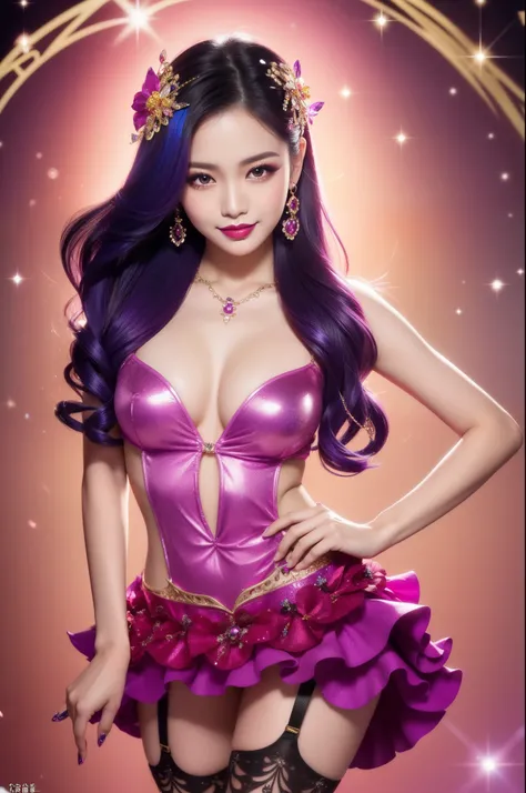 sexy Thai model who controls poison、beautiful smile、lipgloss、bold lipstick、intense makeup、look at the camera、full body Esbian、、sparkling poisoned flower costume、、、、sparkling Colorful hair、secrete poison、skull hair accessories、sexy tights、shiny sparkling fl...