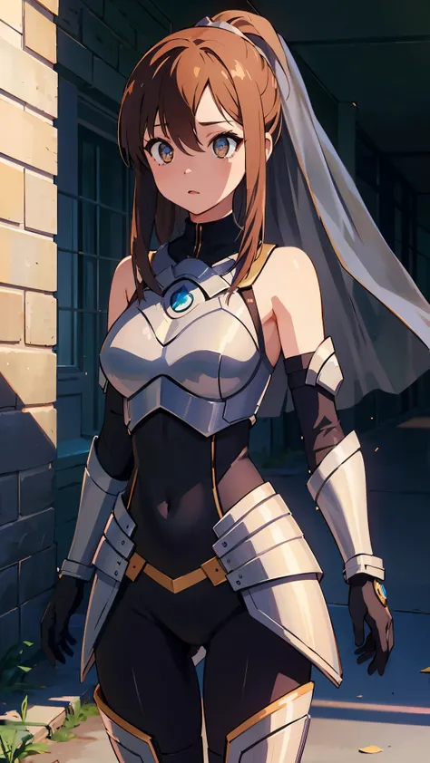 an1, brown eyes, ponytail, 
break (armor, bodysuit, pauldrons, sexy bodysuit, shoulder armor, thighs, veil, black veil:1.2),
bre...