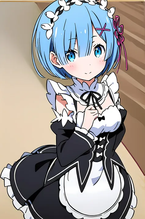 1girl,solo,rem (re:zero),blue hair,x hair ornament,short hair,hair ornament,blue eyes,maid,looking at viewer,ribbon,maid headdre...