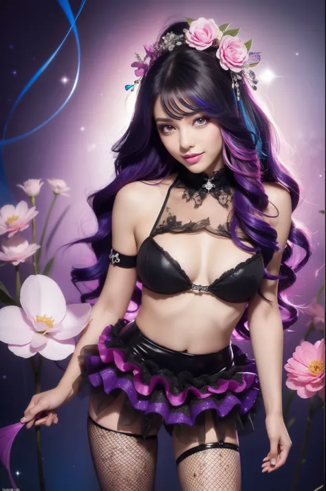 sexy Spanish model who controls poison、beautiful smile、lipgloss、smokey eyeshadow、look at the camera、full body Esbian、、sparkling poisoned flower costume、、、、sparkling Colorful hair、secrete poison、skull hair accessories、fishnet tights、shiny sparkling flowers ...