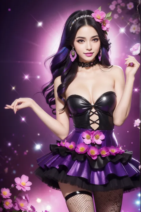 sexy Spanish model who controls poison、beautiful smile、lipgloss、smokey eyeshadow、look at the camera、full body Esbian、、sparkling poisoned flower costume、、、、sparkling Colorful hair、secrete poison、skull hair accessories、fishnet tights、shiny sparkling flowers ...