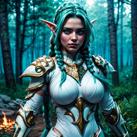 (masterpiece, photorealistic:1.4, extremely intricate:1.3), (photon mapping, radiosity, physically based rendering, ultra resolution, hyper-realistic, 8K), ((beautiful tyrande stand up twin braids, glowing aqua eyes, ((((white armor)), [medium breasts:larg...