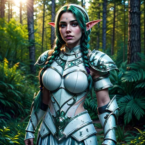 (masterpiece, photorealistic:1.4, extremely intricate:1.3), (photon mapping, radiosity, physically based rendering, ultra resolution, hyper-realistic, 8K), ((beautiful tyrande stand up twin braids, green eyes, ((((white armor)), [medium breasts:large breas...