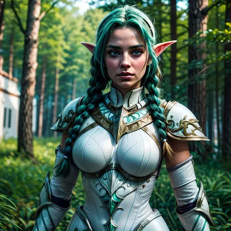 (masterpiece, photorealistic:1.4, extremely intricate:1.3), (photon mapping, radiosity, physically based rendering, ultra resolution, hyper-realistic, 8K), ((beautiful tyrande stand up twin braids, green eyes, ((((white armor)), [medium breasts:large breas...