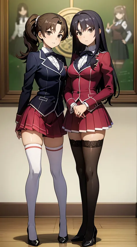 A masterfully detailed painting of two identical twin girls with curly brown hair, hazel eyes, and medium-sized busts, wearing sexy school uniforms consisting of a blazer, lace sections, ribbons, rainbow short skirts, white thigh-high socks, and black high...