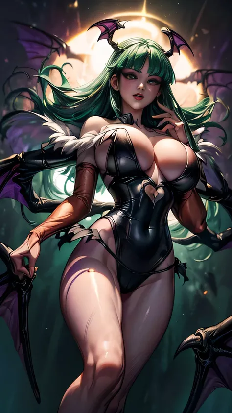 ((tall, beautiful, gorgeous, majestic, magical, celestical morrigan aensland from darkstalkers series)) ((seductivee)) ((pale skin)) ((gree eyes)), ((dark eyeshadows make up)) ((red lips)) ((very long green hair with bangs)) ((big breast:1.5)) ((skinny bod...