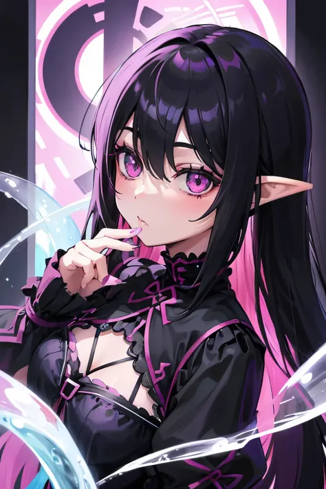 Pastel Goth AI, Fairy, Pointed Ears, Black hair mixed with red strands