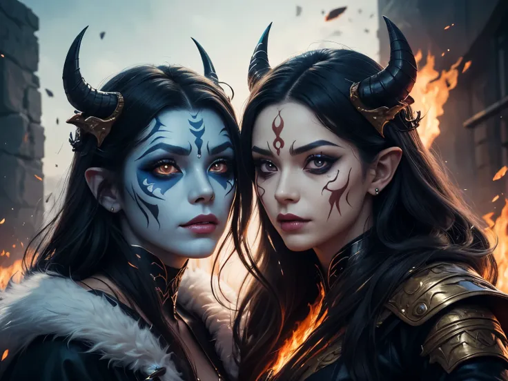 a woman with a face painted like a demon and a woman with a face painted like a demon, beautiful gemini good and evil, orange fire/blue ice duality!, ice and fire, human and dragon fusion, lava and fire goddess, human chimera, realistic digital art, highly...