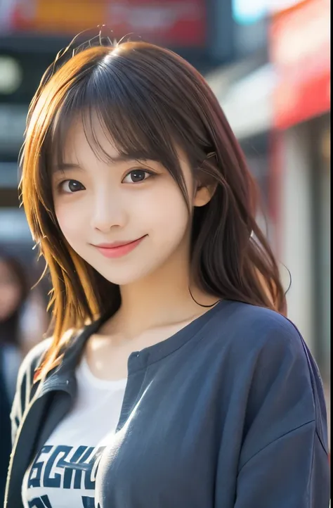 (masterpiece:1.2,Highest quality),Blur the background,1 female college student,((Cute casual clothes)),((Gravure pose)),Wavy Hair,((Beautiful Eyes)),Blushed,Healthy Skin,(smile),(Shinjuku Date),8K resolution