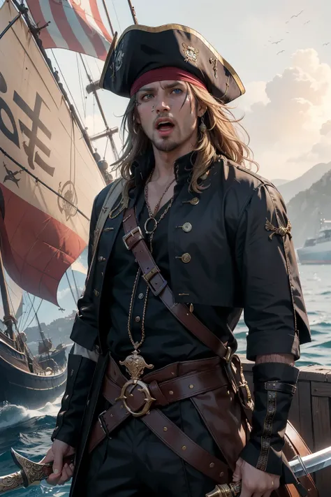 ((best quality)), ((masterpiece)), (detailed), pirate, blond hair, left eye patch, blue eyes, age 35, mature male, standing on pirate ship, black tunic, spanish male, water background, long sword, pirate gun, screaming