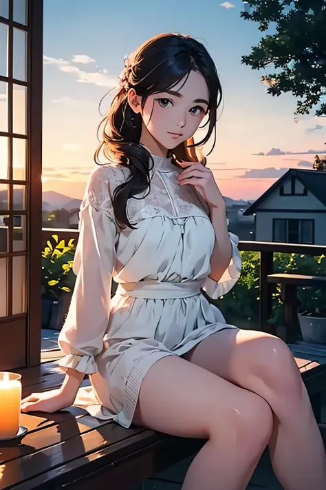 Highest quality、High resolution、Detailed Background、(Beautiful face in every detail:1.1)、Anatomically correct、Teenage beauty、Highly detailed face、Cute hair colour、Cute hairstyle、well-groomed eyebrows、Perfect body line、

A house at dusk、Sit on the porch、The...