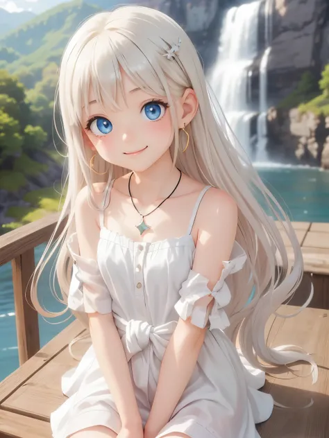 thin and soft hair、Dynamic、Earrings、necklace、Beautiful glowing white skin,、 bright, Refreshing and gentle look, Perfect beautiful pretty face, Shiny platinum blonde straight long hair reaching down to her waist, Beautiful shiny bangs, （（Very beautiful and ...