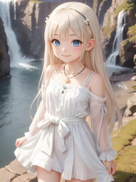 thin and soft hair、Dynamic、Earrings、necklace、Beautiful glowing white skin,、 bright, Refreshing and gentle look, Perfect beautiful pretty face, Shiny platinum blonde straight long hair reaching down to her waist, Beautiful shiny bangs, （（Very beautiful and ...