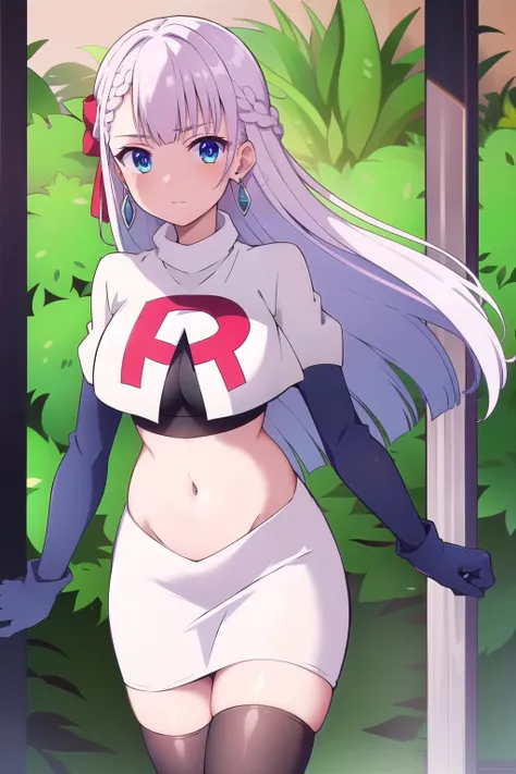 riselia,1girl,solo,braid,earrings,looking at viewer,blue eyes,bangs,ribbon,red ribbon,braided bangs,blush,team rocket,team rocket uniform,white skirt,red letter R,crop top,black thigh-highs,black elbow gloves