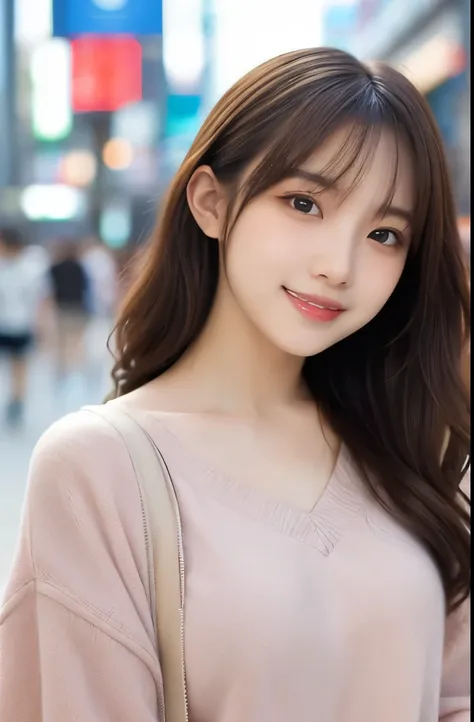 (masterpiece:1.2,Highest quality),Blur the background,1 female college student,((Cute casual clothes)),((Gravure pose)),Wavy Hair,((Beautiful Eyes)),Blushed,Healthy Skin,(smile),(Shinjuku Date),8K resolution