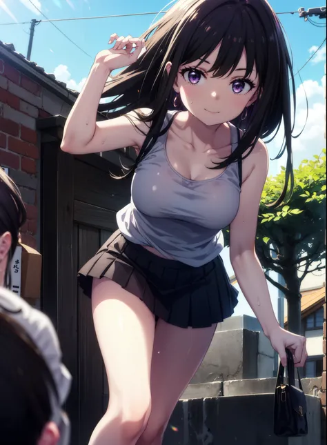 Takiuchikami, Check it out, Long Hair, bangs, Black Hair, (Purple eyes:1.2),happy smile, smile, Close your mouth,Sweat,White Tank Top,mini skirt, Cute Sandals,Walking,Daytime,Clear skies,whole bodyがイラストに入るように,
break outdoors, countryside,
break looking at ...