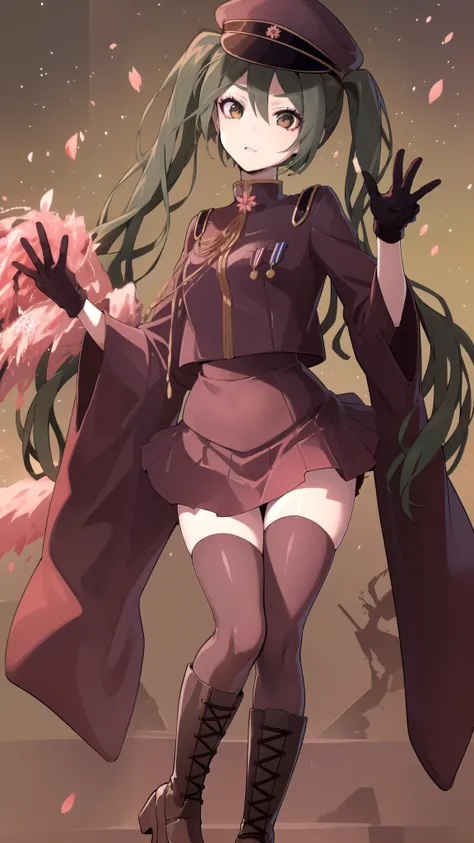 senbon-zakura_(vocaloid),senbonzakuramiku, green hair, twintails, peaked cap, green eyes,military uniform, red jacket, medal, long sleeves, wide sleeves, black gloves, half gloves, red skirt, red thighhighs, Cherry Blossoms