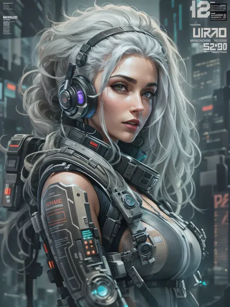  ((best quality)) , ((masterpiece)) ,((details)) ,Female, Welsh,Intellectual and Mythical,Silver hair, Futuristic, cyberpunk, urban, tactical, sleek, dark , (((magazine cover style))),Time magazine, (big headline)，Drawing . Professional, modern, product-fo...