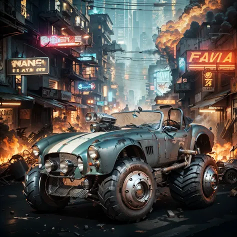 A  grunge and old Black warrior Hot Rod car in the streets in the background is a sci fi abandoned city with a lot of buildings fire burning lights in the pos apocalypitic street