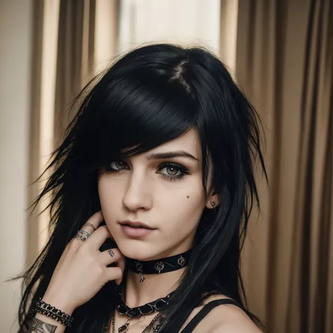 RAW photo, photograph of a Qubcoise 20 years old woman, (detailed facial features), gorgeous face, grunge style, standing in her messy bedroom, pale skin, wearing eyeliner, grainy, (high detailed skin:1.2), goth, scene hair, (emo girl), teased hair, wearin...