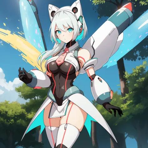 ico_megamanxdive, 1girl, blue eyes, solo, white hair, android, large breasts, black gloves, short hair, thighhighs, necktie, high quality, masterpiece, standing with green flames coming from a tree