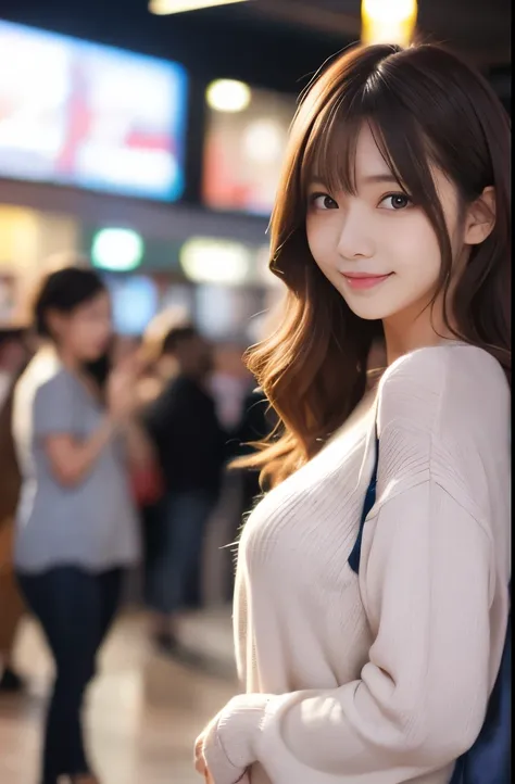 (masterpiece:1.2,Highest quality),Blur the background,1 female college student,((Cute casual clothes)),((Gravure pose)),Wavy Hair,((Beautiful Eyes)),Blushed,Healthy Skin,(smile),(Shinjuku Date),8K resolution