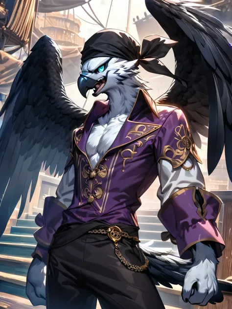 Ultra detailed, HDR, solo male, ((furry)), ((anthropomorphic hawk)), ((white fur)), ((black beak)), ((black tail feathers)), dressed like a pirate, ((black bandana)), teal eyes, pirate ship in the background, fancy shirt, purple clothes, black pirate pants...