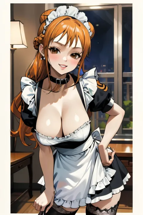 masterpiece, best quality, ultra-detailed, 1girl (namiop, Big and pretty breasts, jewelry, earrings, dog collar, orange hair, hair bun, single hair bun, brown eyes), a seductive face, smile, makeup, glow lips, facing viewer, looking at viewer, solo, maid(b...